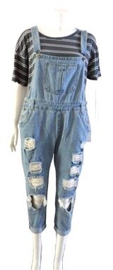 Retro Grunge Denim Bib Overalls Light Wash L Blue Jeans Women's Shredded Faded
